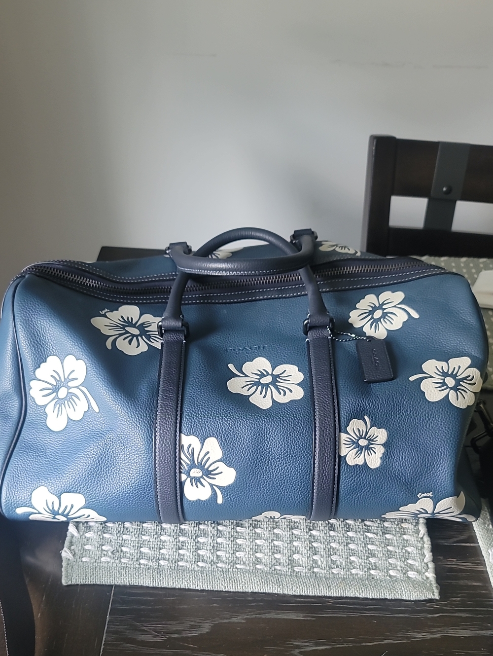 COACH leather Navy Floral Weekender Duffel Bag